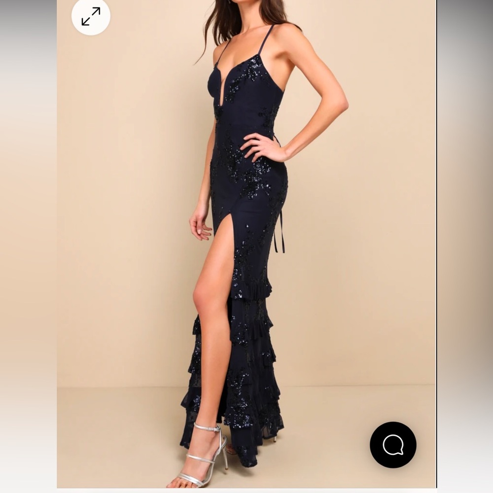Lulus Navy Blue Sequin Lace Up Tiered Maxi Dress
